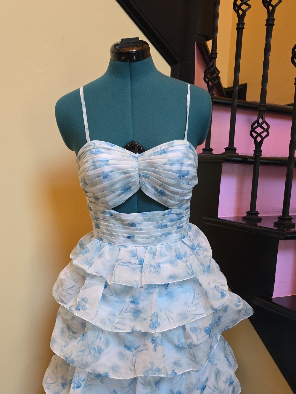 NWOT Blue Floral Tiered Ruffle Maxi/Formal Dress - Picture 3 of 10